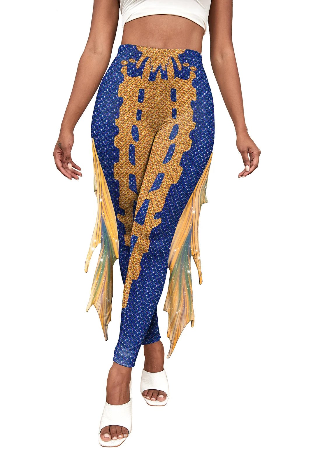 Nadanbao Colorful Mermaid Scale Print Fringe Leggings Women Fantasy Cosplay Pants Mid Waist Rave Party Tight Lady Fashion Bottom