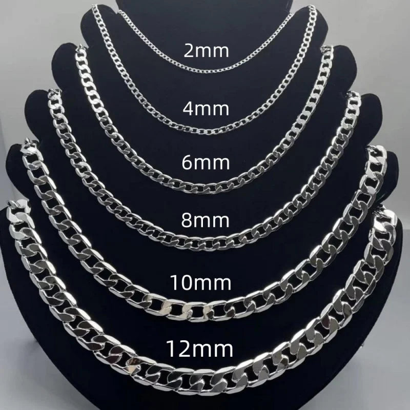 Men's Silver Color Necklace 2/4/6/8/10/12MM 50-60cm Face Chain Necklace Lobster Clasp Men Women Engagement Jewelry Gifts