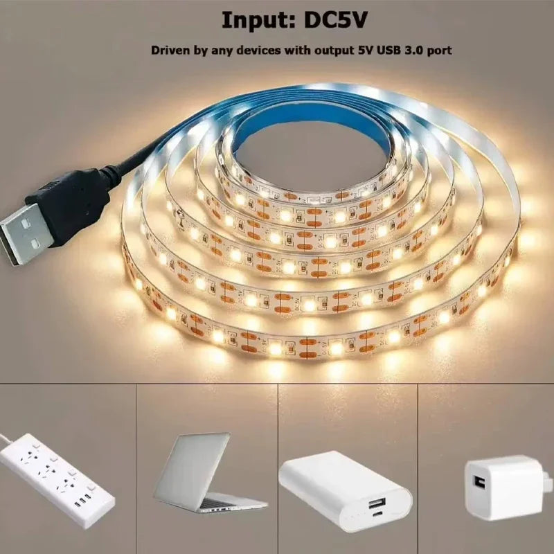 5V LED Light Strip USB Flexible Tape Lights Adhesive Tape Lamp Bar Kitchen Wardrobe TV Backlight Stair Display Cabinet Lighting