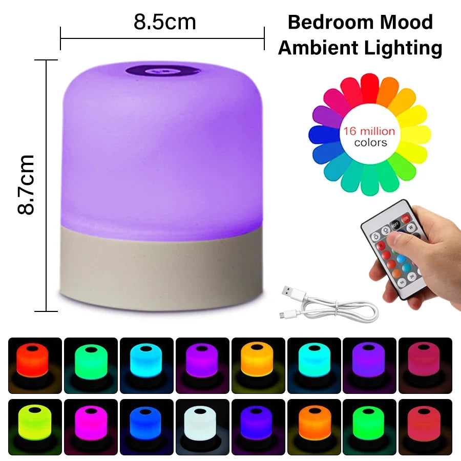 16 Colors LED Touch Bedside Night Light, Rechargeable Dimmable Atmosphere Lamp with Remote, Portable Decor Light for Bedroom