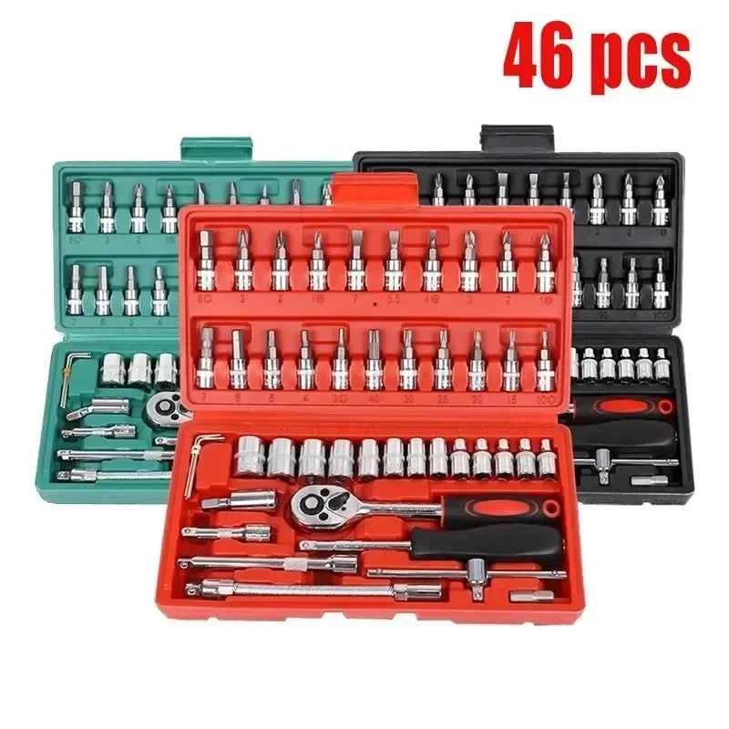 Socket Ratchet Wrench Set with Bit, Metric and Extension Bar for Auto Repairing, 46 PCs, 1/4 in Amagi