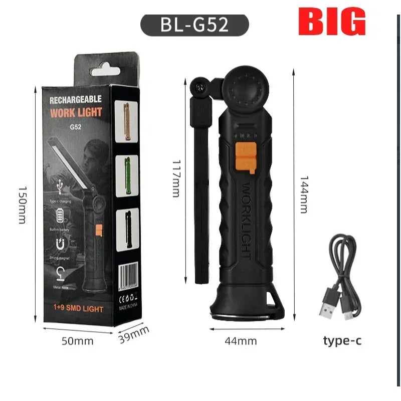 COB LED Work Light Dimmable USB Rechargeable LED Flashlight Inspection Lamp With Magnetic Hook Power Bank 18650 Battery Torch