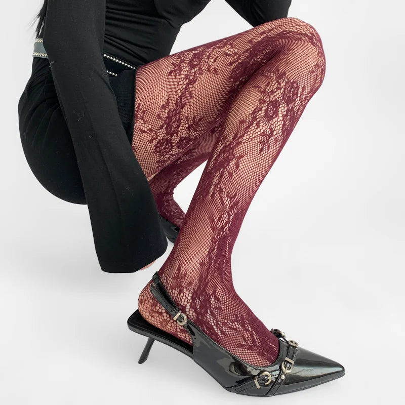 Korean Ins Hollowed Lace Mesh Stockings Women Pantyhose Hot Tights Japanese Lolita Retro Floral Rattan Long Socks Vintage Style