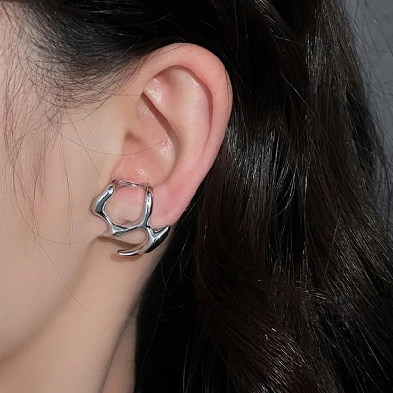Y2K Irregular Liquid Earrings for Women Silver Color Hip-Hop Punk Fashion Geometric Earring Clip Girl 2024 Trendy Party Jewelry