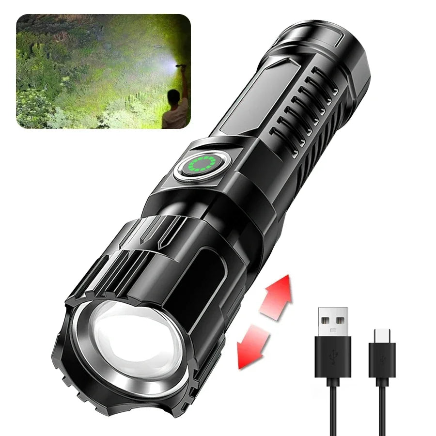 P200 Super Powerful LED Flashlight Zoom Tactical Torch Built-in Battery USB Rechargeable Waterproof Lamp Ultra Bright Lantern