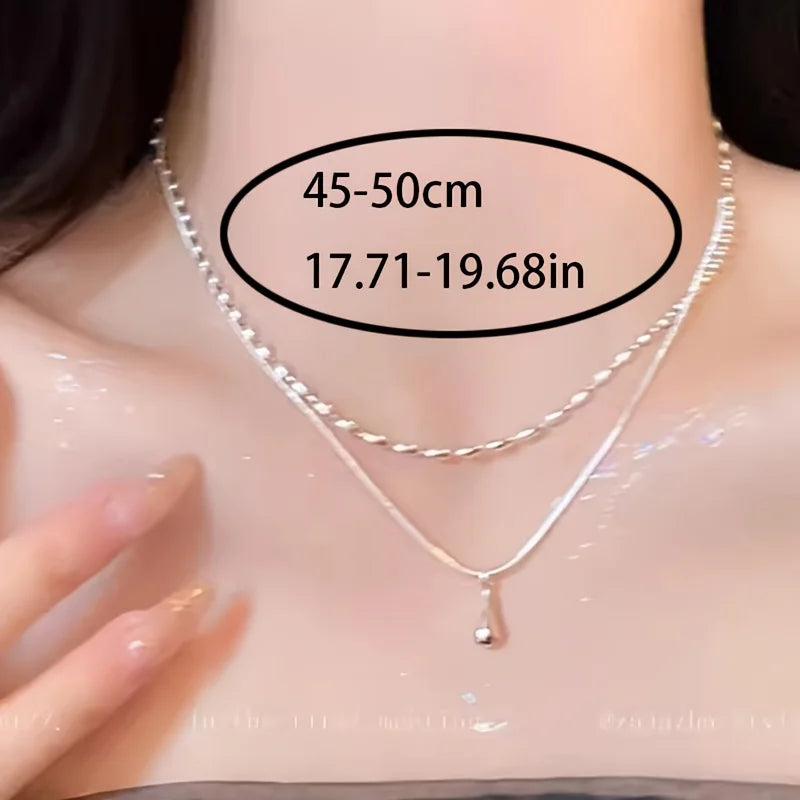 Exquisite Double-Layer Teardrop Pendant Necklace for Women, Stackable Beaded Snake Chain, Minimalist Aesthetic Jewelry, Fashionable and Elegant Style, Perfect Accessory for Daily Wear and Office Looks