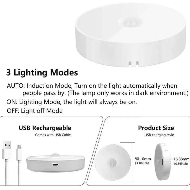 2~6 Pack Motion Sensor LED Night Light USB Rechargeable 3 Color Night Lamp Cabinet Wardrobe Lamp Staircase Wireless Closet Light