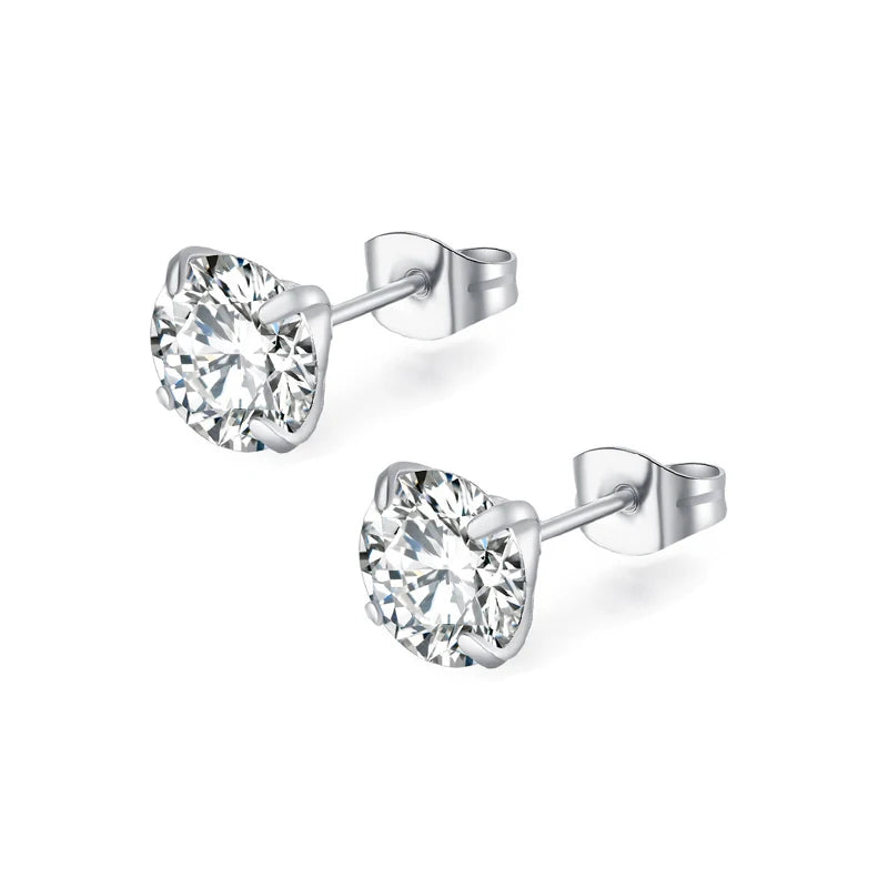 XUBCHC Stainless Steel Round Cubic Zirconia Ear Piercing For Women Men CZ Shiny Silver Color Stud Earrings Black Body Jewelry
