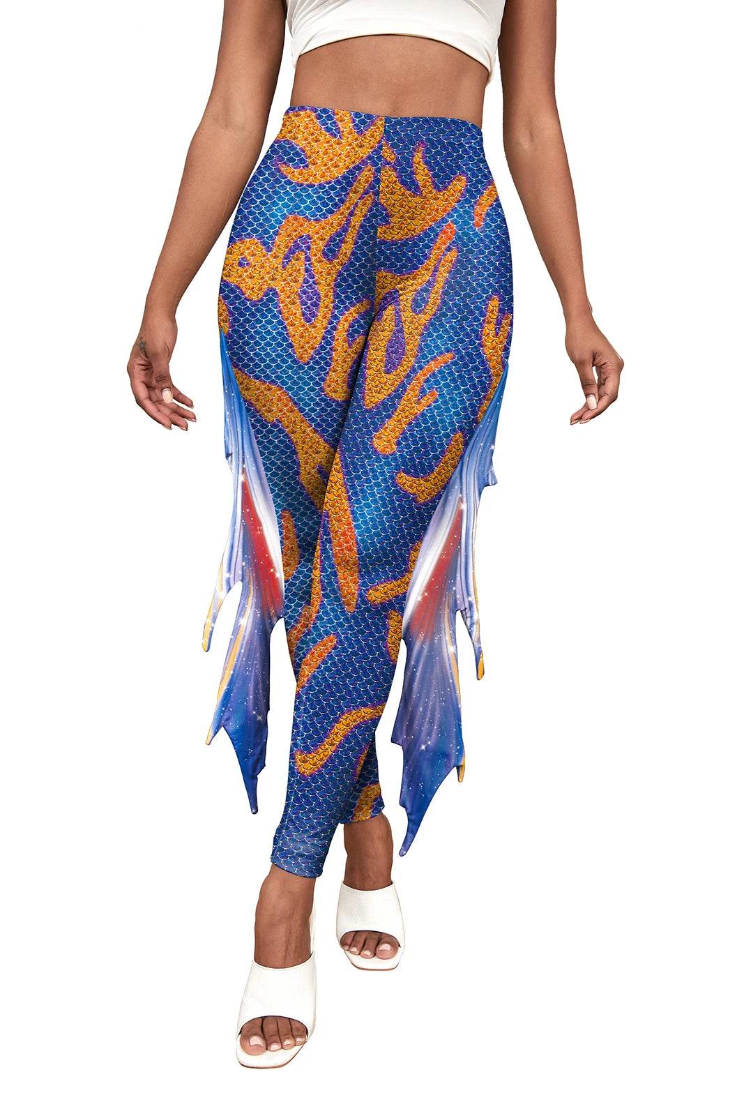 Nadanbao Colorful Mermaid Scale Print Fringe Leggings Women Fantasy Cosplay Pants Mid Waist Rave Party Tight Lady Fashion Bottom