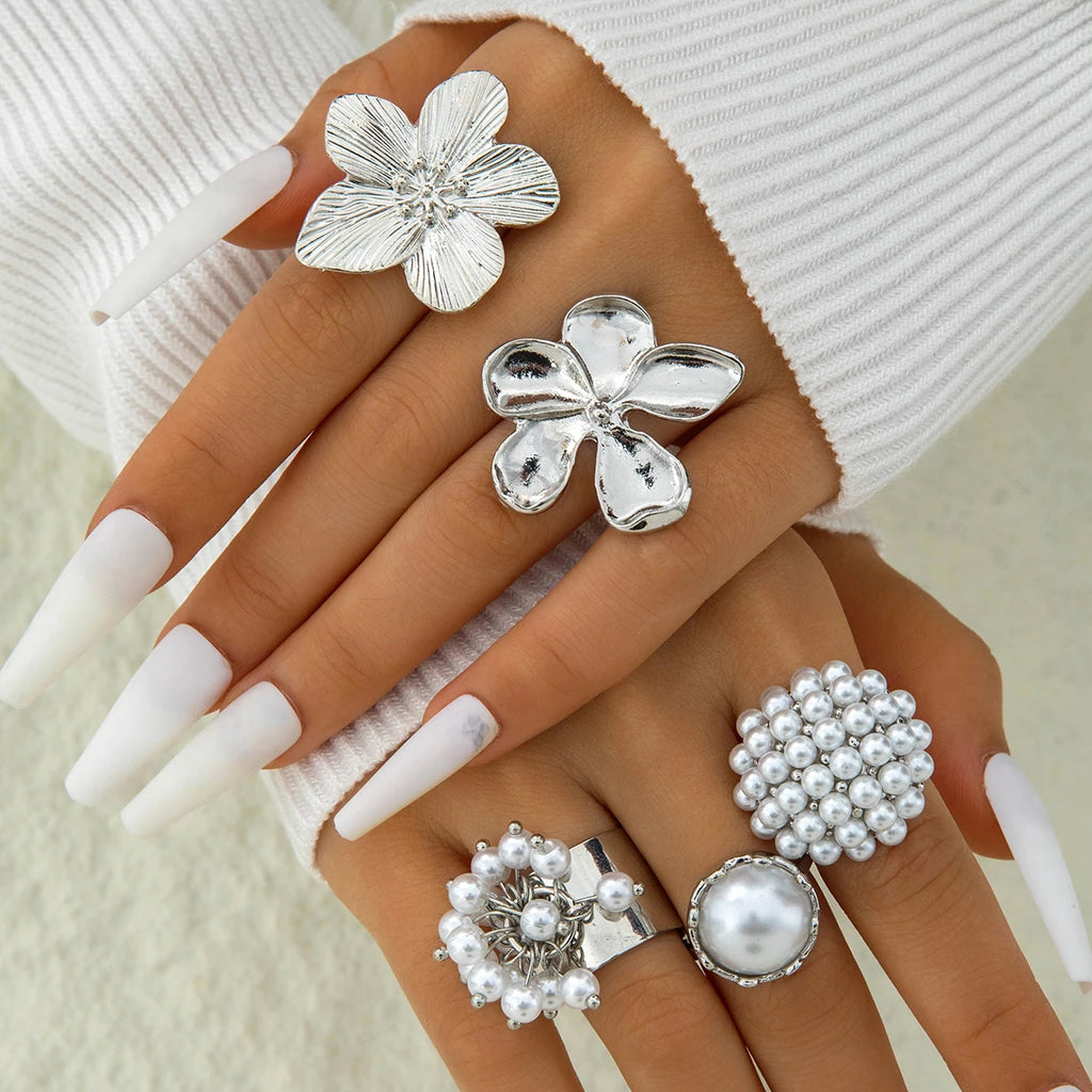 Tocona 2024 New Fashion Luxury Imitation Pearl Open Ring Sets for Women Elegant Gold Color Ring Party Jewelry Accessories