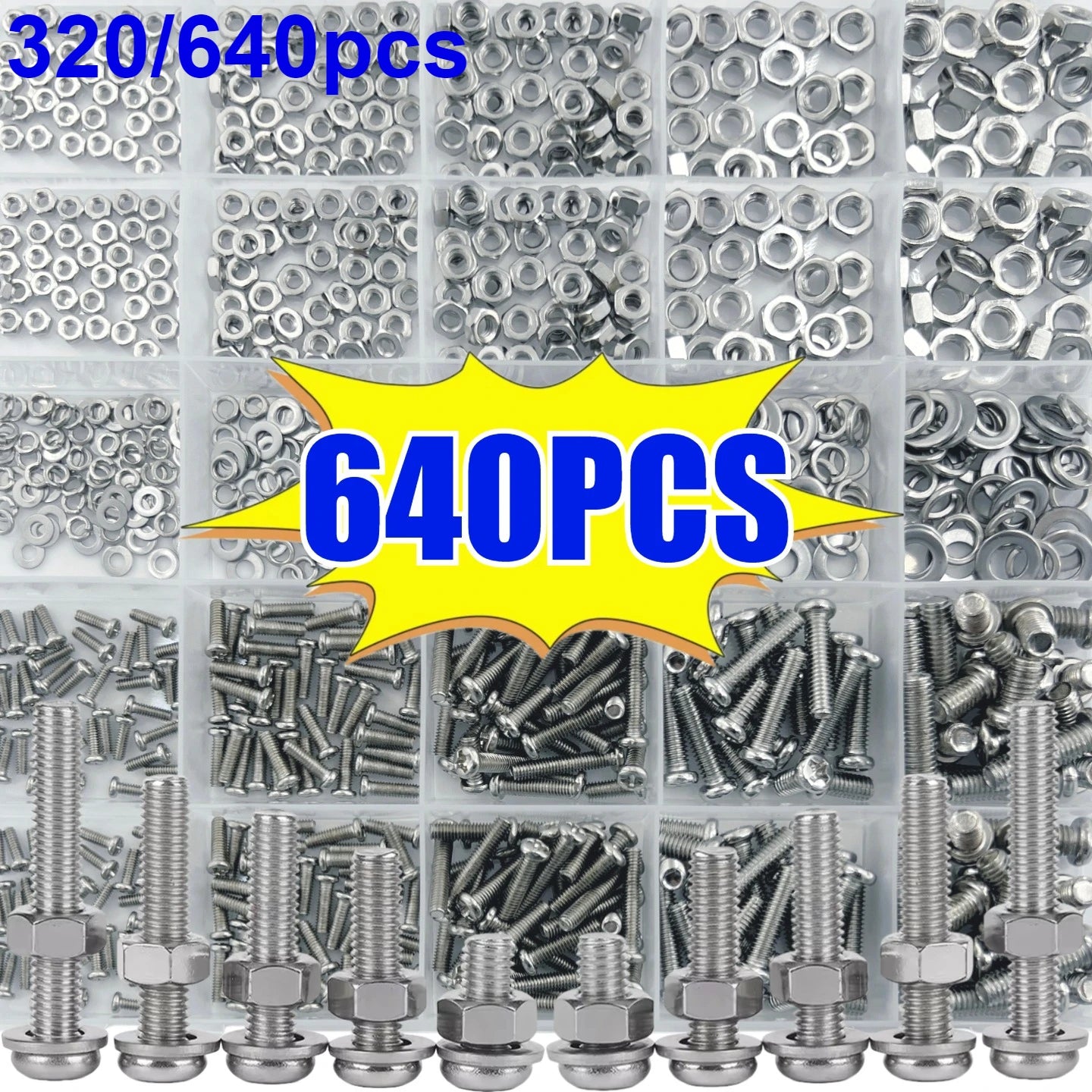 640/320pcs Premium Screw and Nut Assortment Kit Corrosion-Resistant Snap-in Nuts M2 to M5 Sizes Ideal for DIY
