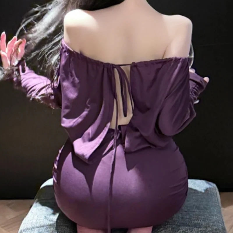 New Tight-fitting Temptation Lace Up Tie Up Lingerie One Shoulder Backless Hip Hugging Skirt Strapless Long Sleeves Slim Fit Set