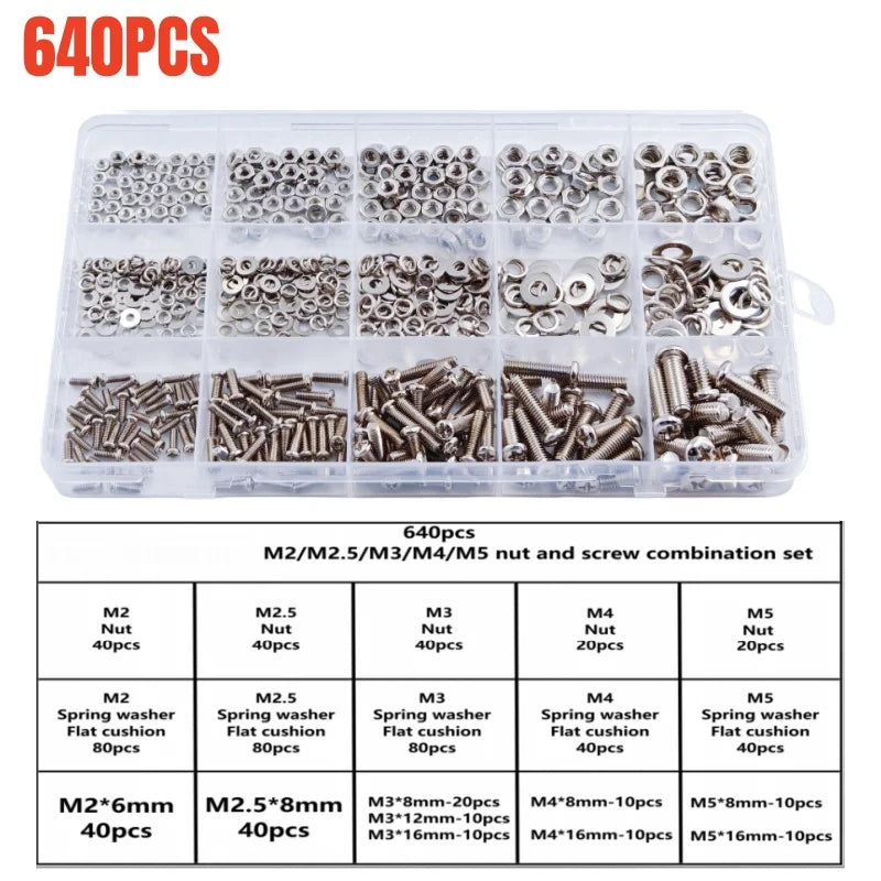 640/320pcs Premium Screw and Nut Assortment Kit Corrosion-Resistant Snap-in Nuts M2 to M5 Sizes Ideal for DIY