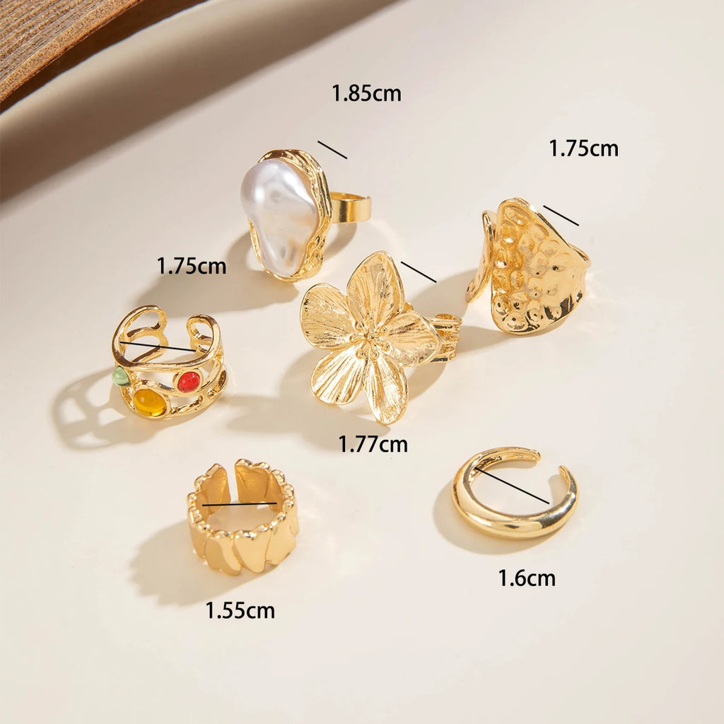 Tocona 2024 New Fashion Luxury Imitation Pearl Open Ring Sets for Women Elegant Gold Color Ring Party Jewelry Accessories