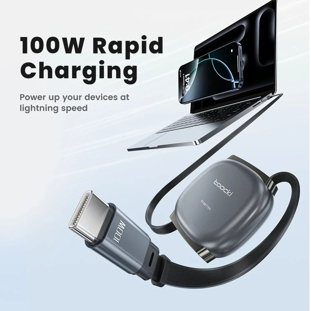 Toocki 100W Type C Retractable Cable For iphone 16 15 Pro Max Samsung Fast Charger Cable Mini Size 480Mbps Data Cable