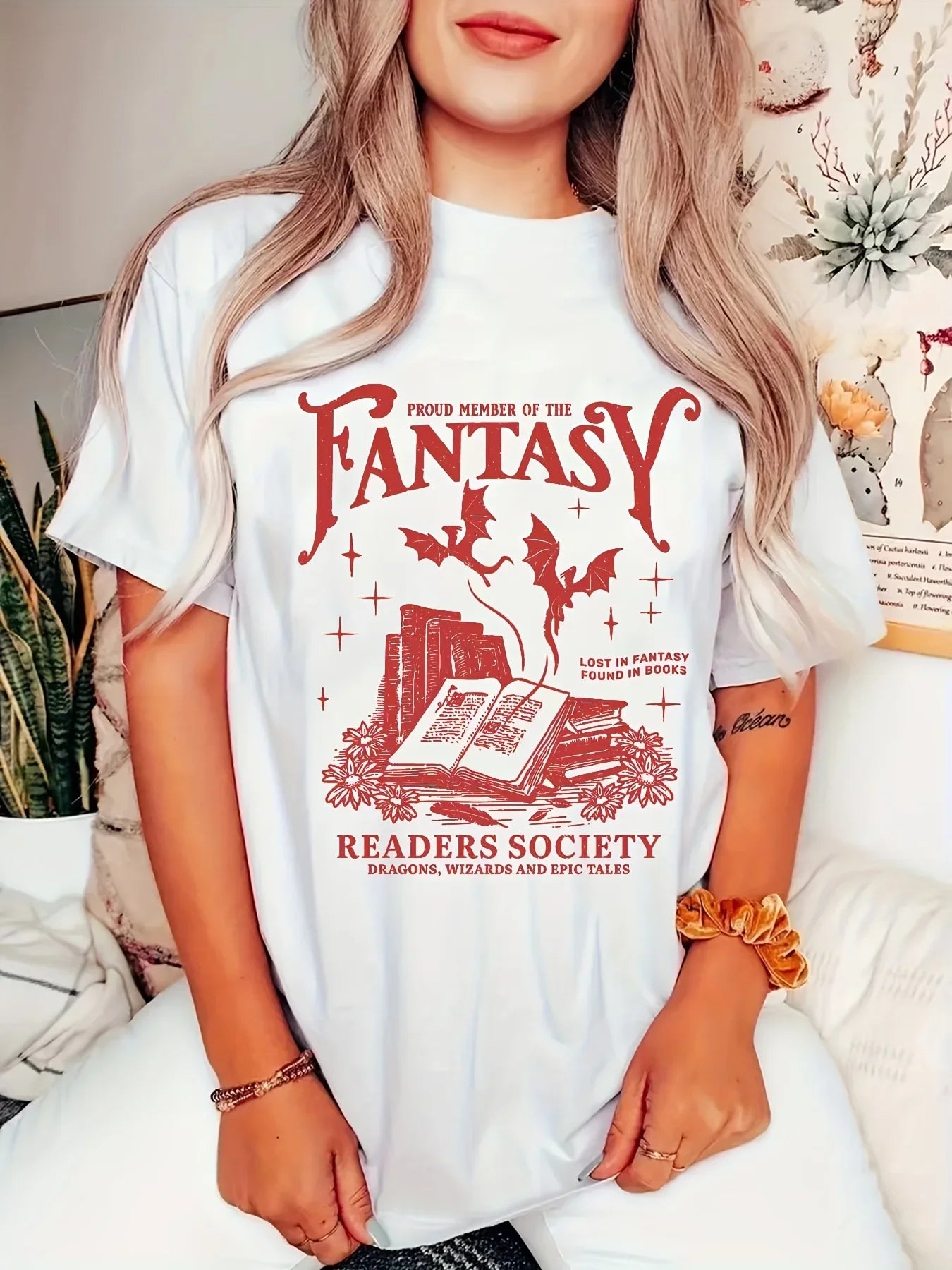 Women's Fantasy Readers Society Graphic T-Shirt Casual Round Neck Short Sleeve Tee with Slight Stretch Book Lovers Casualwear