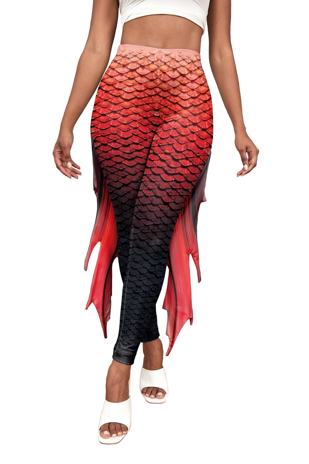 Nadanbao Colorful Mermaid Scale Print Fringe Leggings Women Fantasy Cosplay Pants Mid Waist Rave Party Tight Lady Fashion Bottom