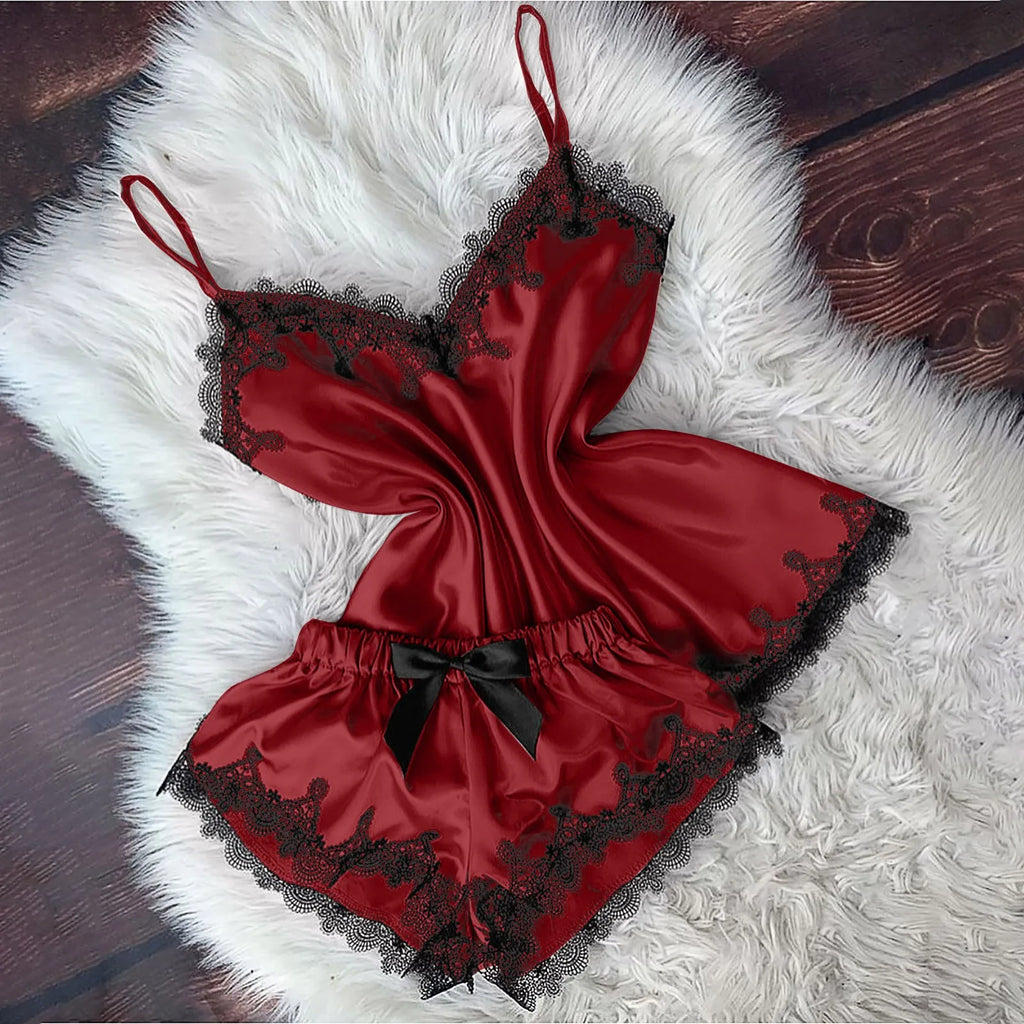 Summer Lace Silk Pajama Set for Women Sleepwear Sexy Lingerie Cami Top and Shorts Sets Comfortable Casual Pijamas