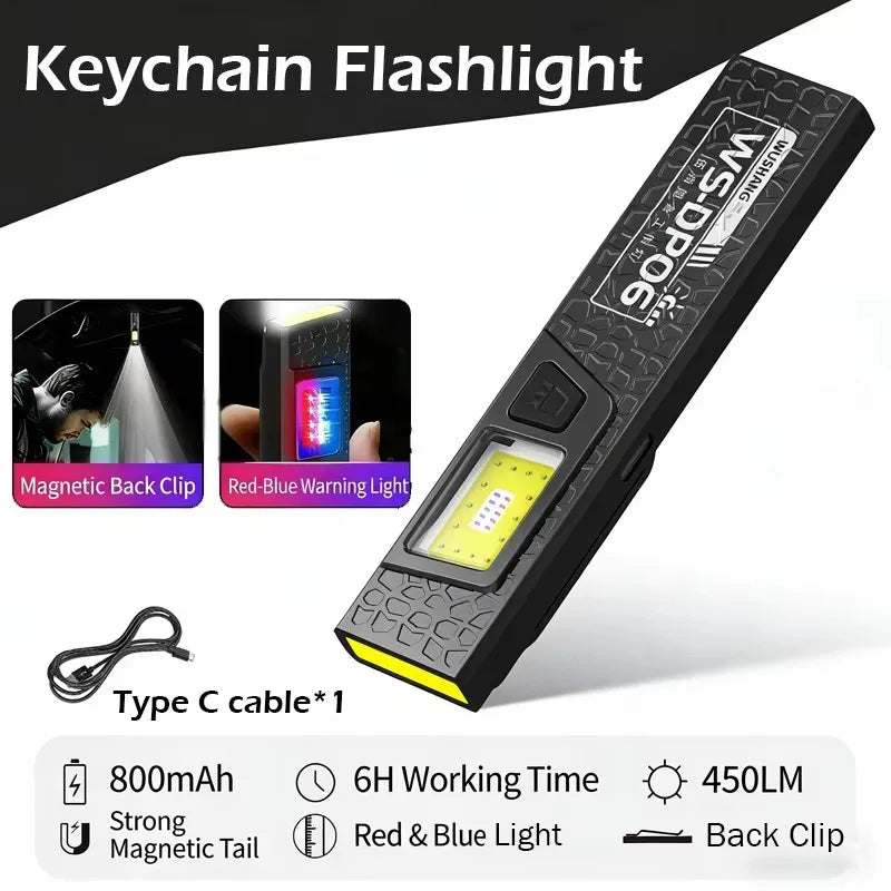 Powerful Mini COB LED Keychain Flashlight USB C Rechargeable Hanging Work Light Waterproof Keyring Camping Walking Pocket Lamp