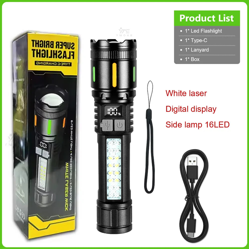 High Power Flashlight 18650 Battery Rechargeable LED Flashlight Waterproof Side Lamp Digital Display Torch Outdoor Camping Gift