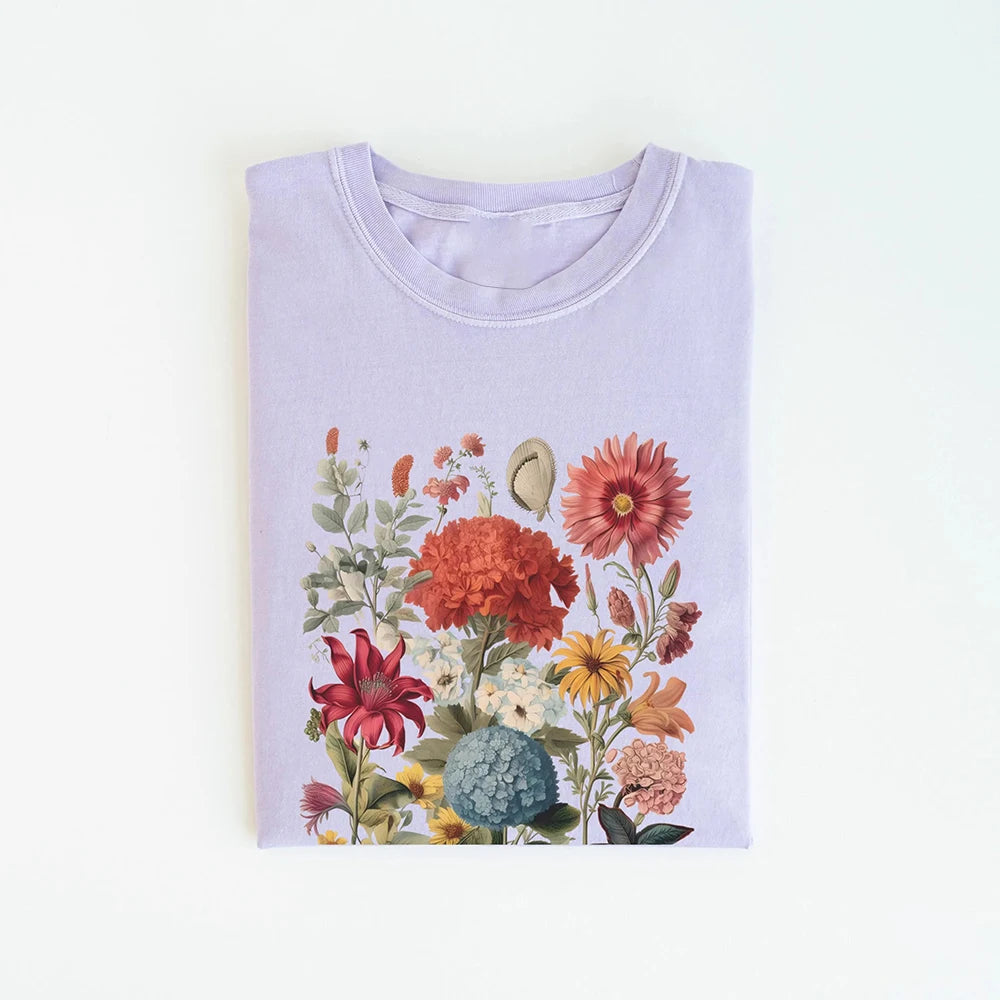 Boho Wildflowers Cottagecore Shirt Comfort Colors Retro Cotton Shirt Loose Fantasy Apparel Y2K Top Flowers Gift For Women