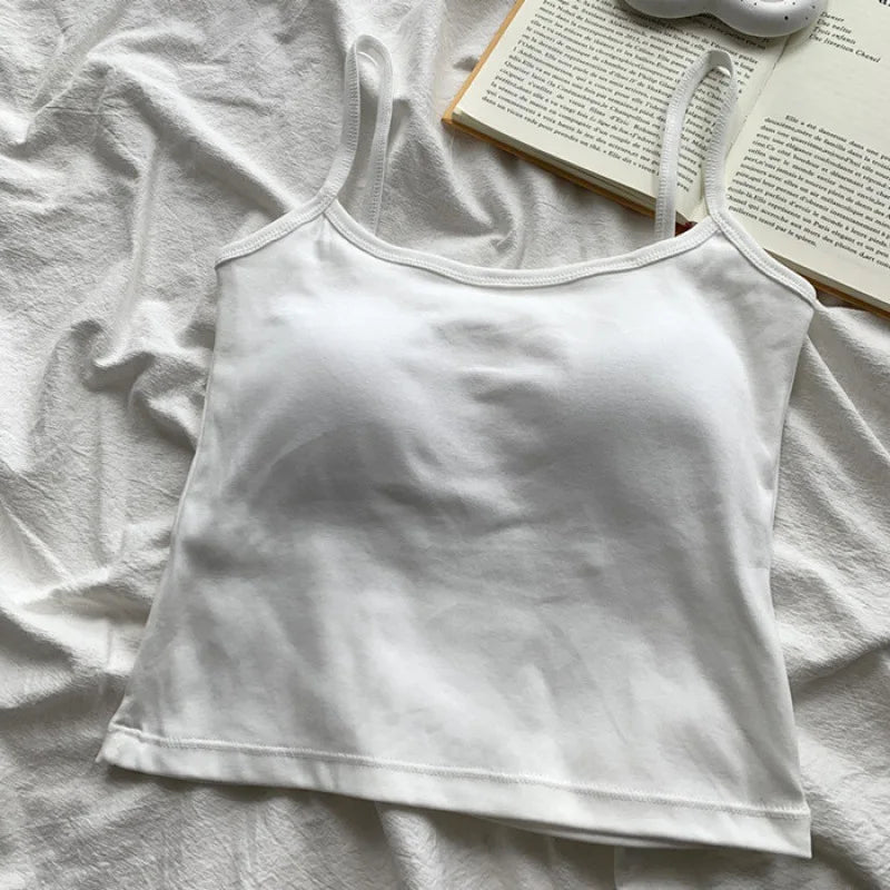 Tank Top Simple Spaghetti Straps Camisole Cotton Korean Style Chest Pad Camisole Solid Color Bottoming Shirt Sling Vest Women