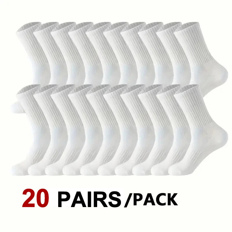 20Pairs Pure Cotton Men's High Socks Classic Black White Breathable Sweat-Absorbent Warm Elastic Sports Socks