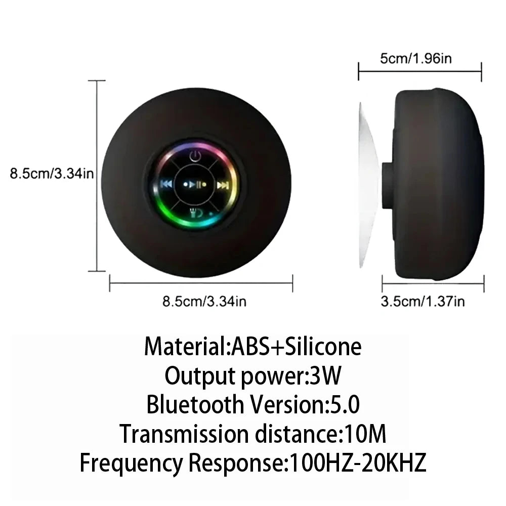 Mini Portable Wireless Bluetooth Speaker - IPX4 Waterproof LED Loudspeaker with Large Suction Cup for Outdoor, Bathroom & Travel