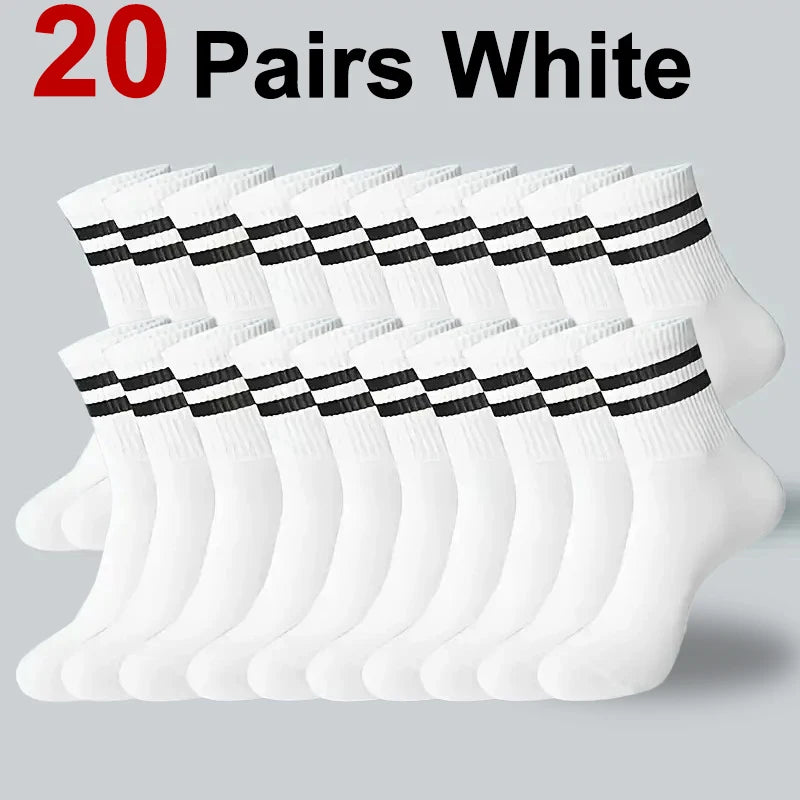 20Pairs Pure Cotton Men's High Socks Classic Black White Breathable Sweat-Absorbent Warm Elastic Sports Socks