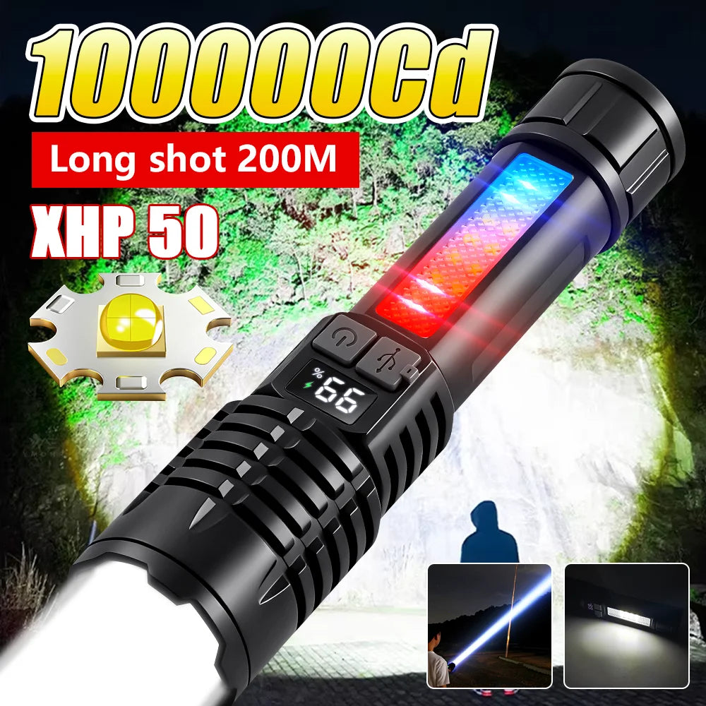 High Power Flashlight 18650 Battery Rechargeable LED Flashlight Waterproof Side Lamp Digital Display Torch Outdoor Camping Gift