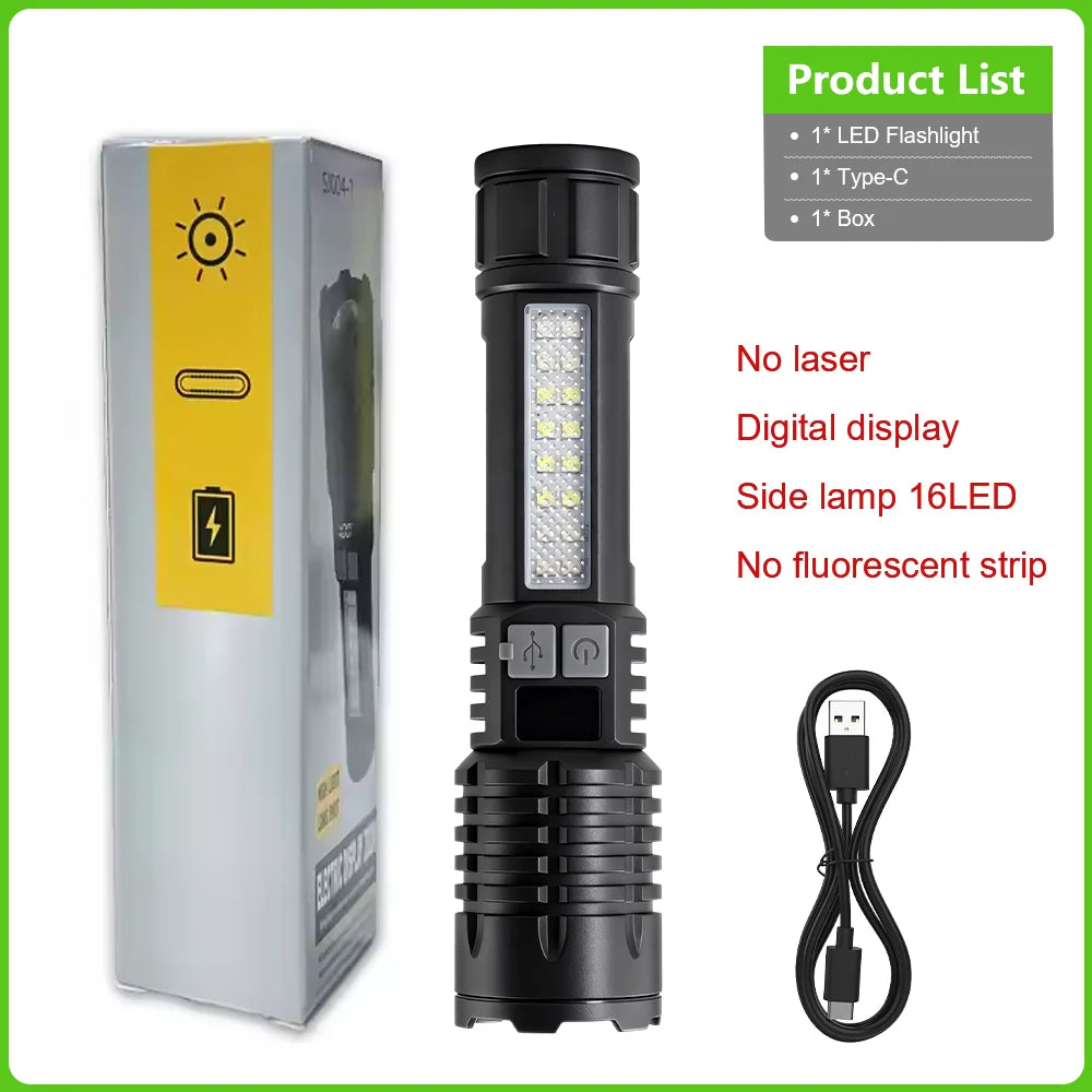 High Power Flashlight 18650 Battery Rechargeable LED Flashlight Waterproof Side Lamp Digital Display Torch Outdoor Camping Gift