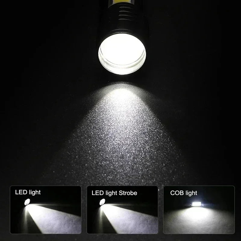 Portable Rechargeable LED Flashlight with Pen Clip Zoomable Waterproof Torch with Side Light Outdoor Camping Emergency Lantern