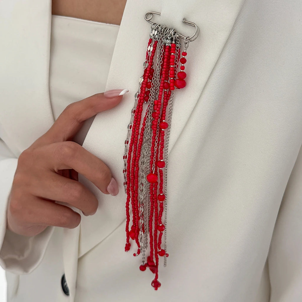 Ingemak New Unique Red Crystal Beads Long Brooches Women Vintage Irregular Geometry Shirt Collar Lapel Suit Pin Accessories 2026