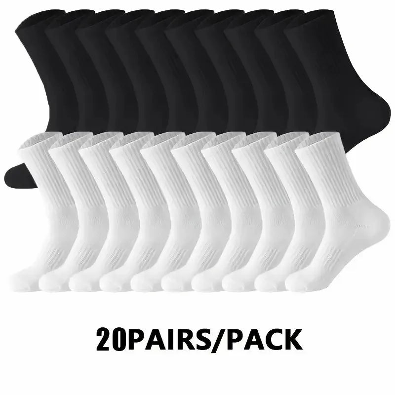 20Pairs Pure Cotton Men's High Socks Classic Black White Breathable Sweat-Absorbent Warm Elastic Sports Socks