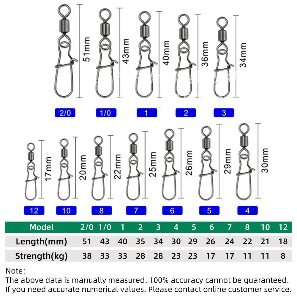 DNDYUJU 50pcs Stainless Steel Fishing Connector Pin Bearing Rolling Swivel Snap in Box Fishing Tackle Accessories For Lure Hook