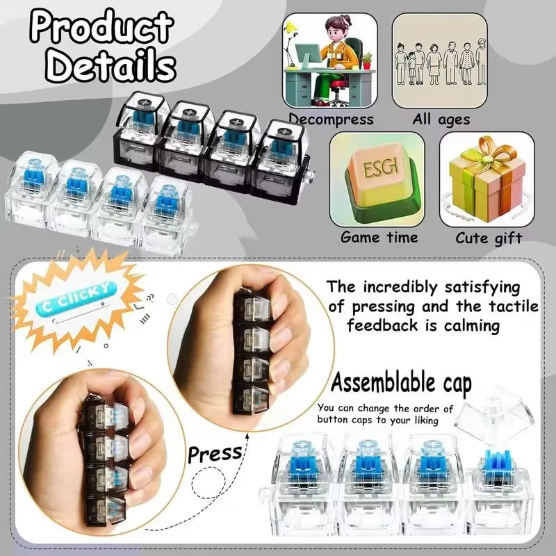 4-Button Fingertip Keyboard Transparent RGB Keycap Clicky Mechanical LED Keycap Keychain Tactile Fidget Toy Stress Relief Gift