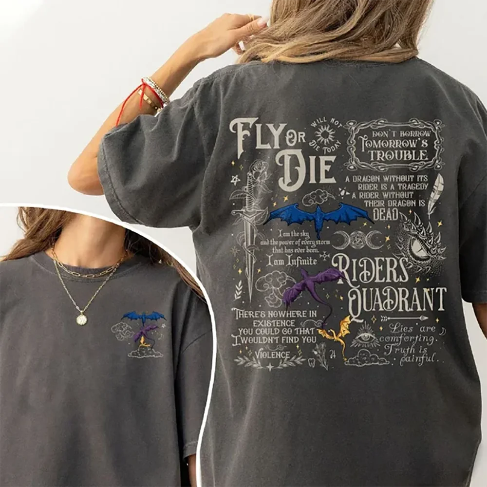 2 Side Patten Cotton Tee Basgiath War College Dragon Rider Retro Shirt Fourth Wing Riders Casual T-Shirt Fantasy Apparel Y2K Top