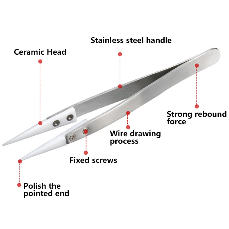 Ceramic Tipped Stainless Steel Tweezers Tips Heat Pointed Resistant Tweezer Electronic Soldering Tweezers Fine Pointed Tip