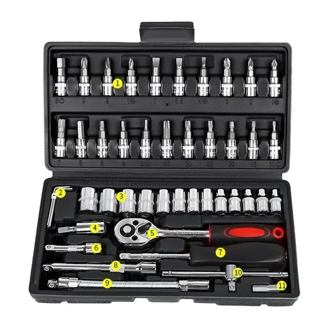Socket Ratchet Wrench Set with Bit, Metric and Extension Bar for Auto Repairing, 46 PCs, 1/4 in Amagi