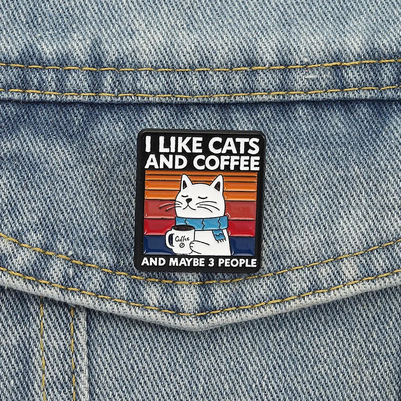 Cartoon Animated coffee cat Enamel Pins Custom animal Metal Brooches Lapel Badges  Funny Exquisite Jewelry Gift for Kids Friends