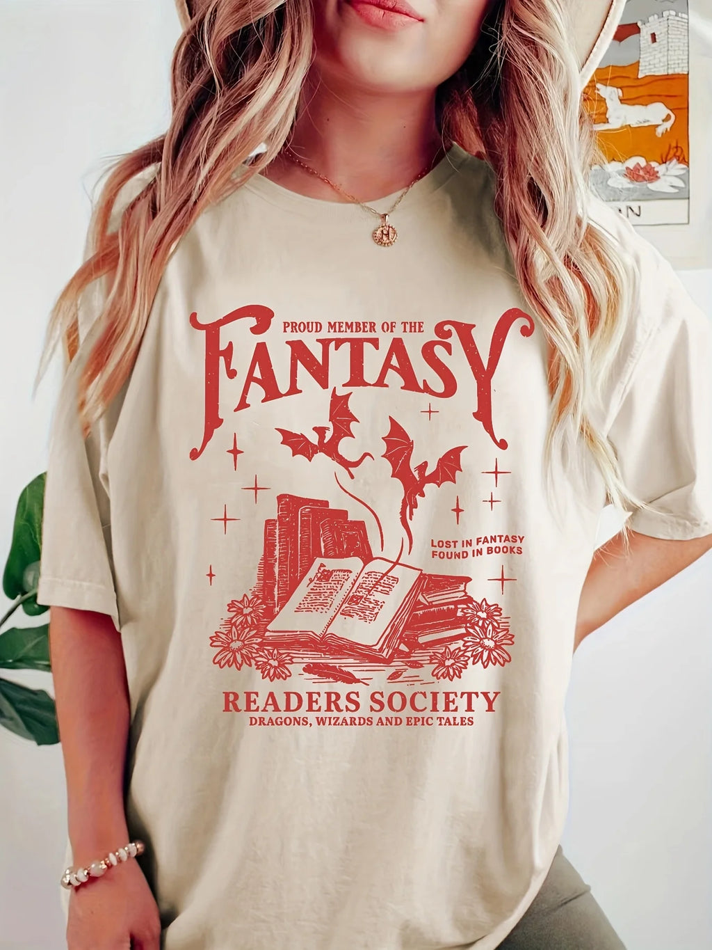 Women's Fantasy Readers Society Graphic T-Shirt Casual Round Neck Short Sleeve Tee with Slight Stretch Book Lovers Casualwear