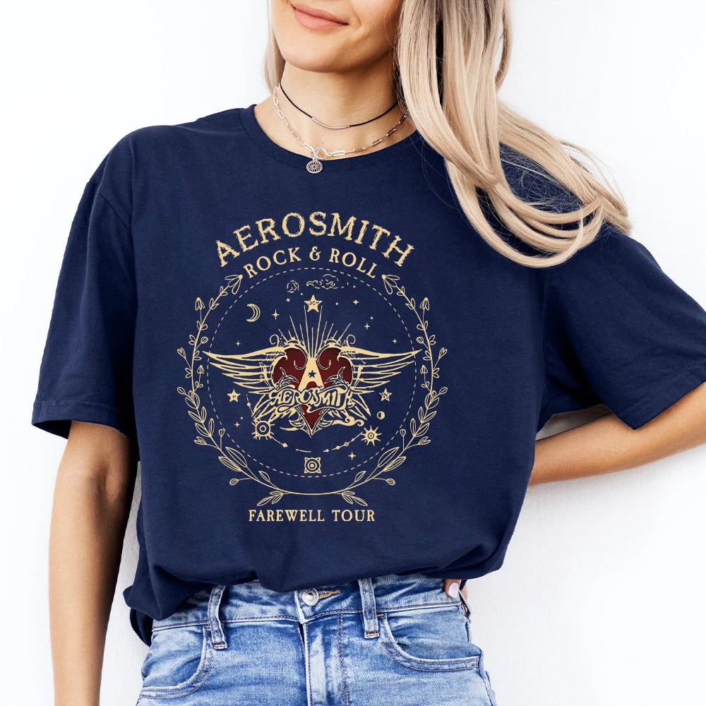 Women Vintage Dark Academic Short Sleeve Shirt Aerosmith Farewell Tour Hard Rock T Shirt Fantasy Apparel Y2K Top Streetwear