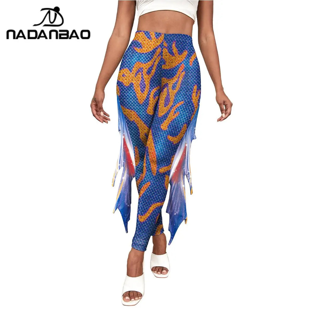 Nadanbao Colorful Mermaid Scale Print Fringe Leggings Women Fantasy Cosplay Pants Mid Waist Rave Party Tight Lady Fashion Bottom