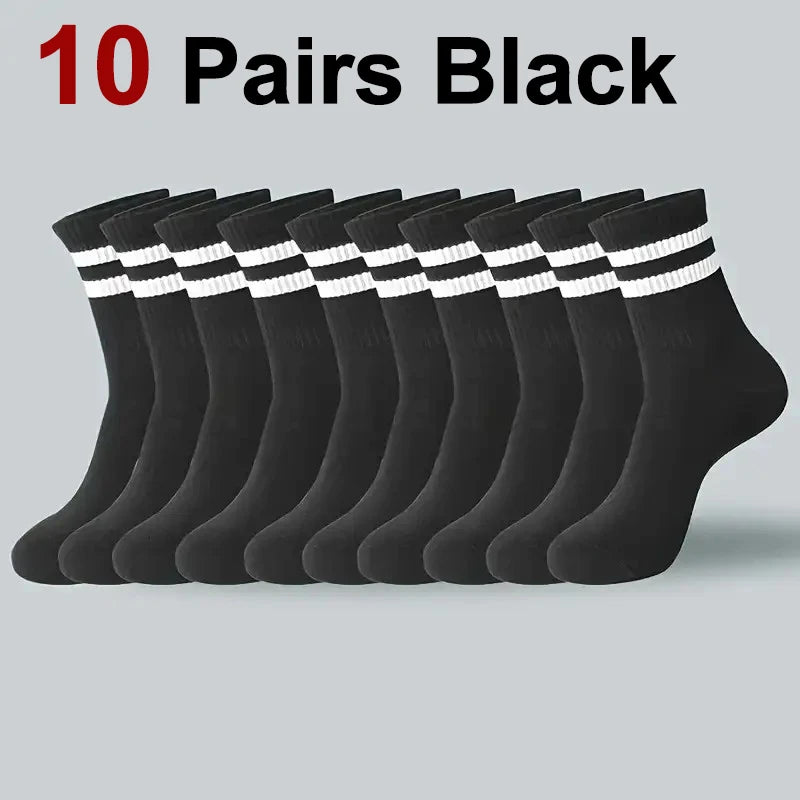 20Pairs Pure Cotton Men's High Socks Classic Black White Breathable Sweat-Absorbent Warm Elastic Sports Socks