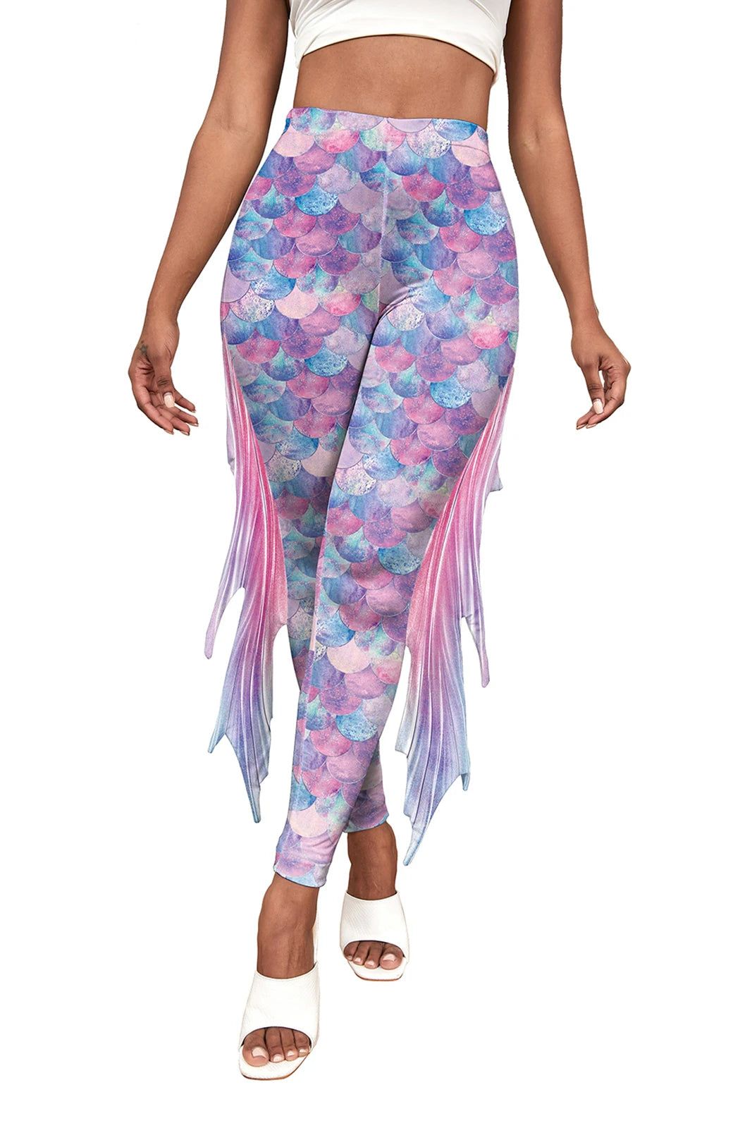 Nadanbao Colorful Mermaid Scale Print Fringe Leggings Women Fantasy Cosplay Pants Mid Waist Rave Party Tight Lady Fashion Bottom