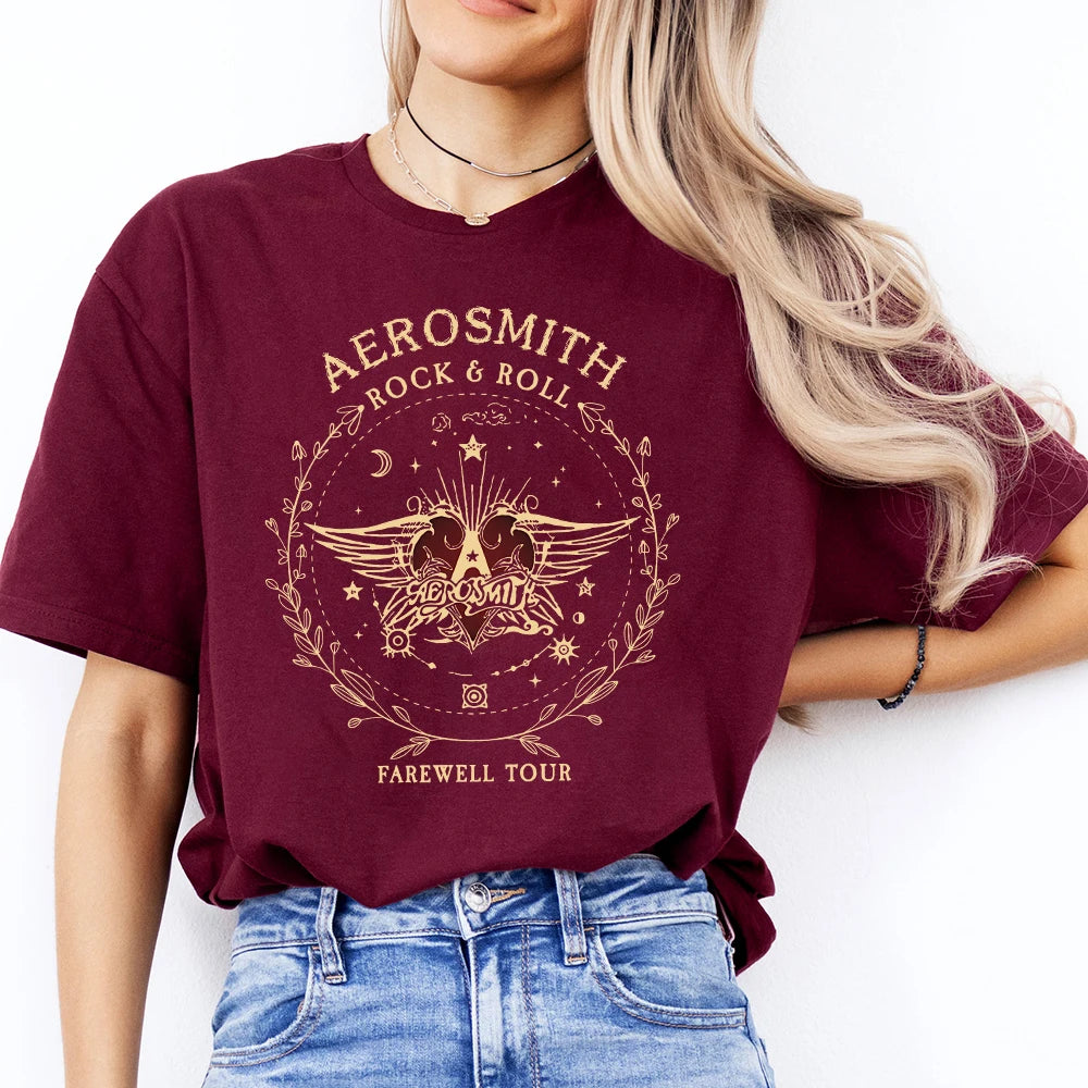 Women Vintage Dark Academic Short Sleeve Shirt Aerosmith Farewell Tour Hard Rock T Shirt Fantasy Apparel Y2K Top Streetwear