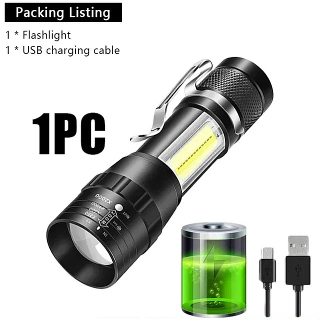 Portable Rechargeable LED Flashlight with Pen Clip Zoomable Waterproof Torch with Side Light Outdoor Camping Emergency Lantern