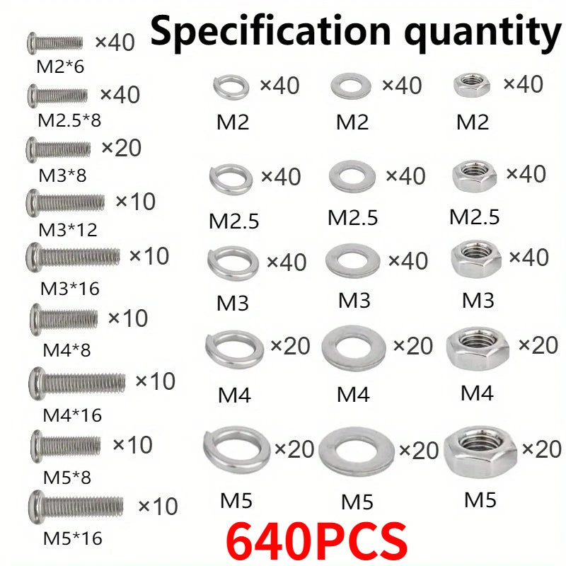 640/320pcs Premium Screw and Nut Assortment Kit Corrosion-Resistant Snap-in Nuts M2 to M5 Sizes Ideal for DIY