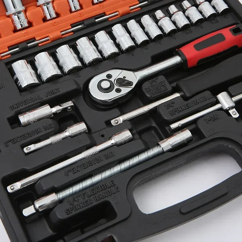 Socket Ratchet Wrench Set with Bit, Metric and Extension Bar for Auto Repairing, 46 PCs, 1/4 in Amagi