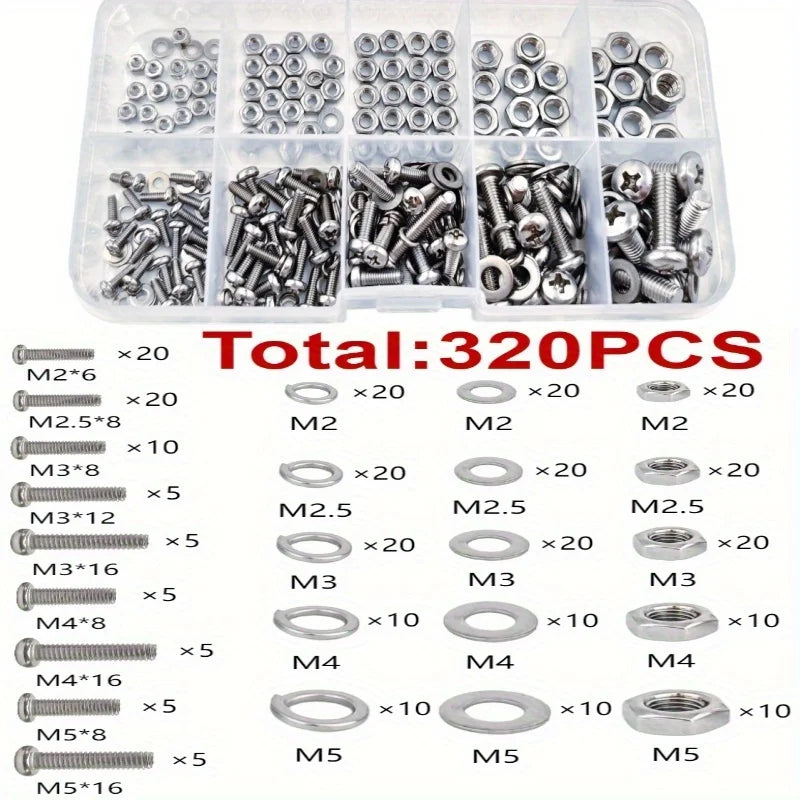 640/320pcs Premium Screw and Nut Assortment Kit Corrosion-Resistant Snap-in Nuts M2 to M5 Sizes Ideal for DIY